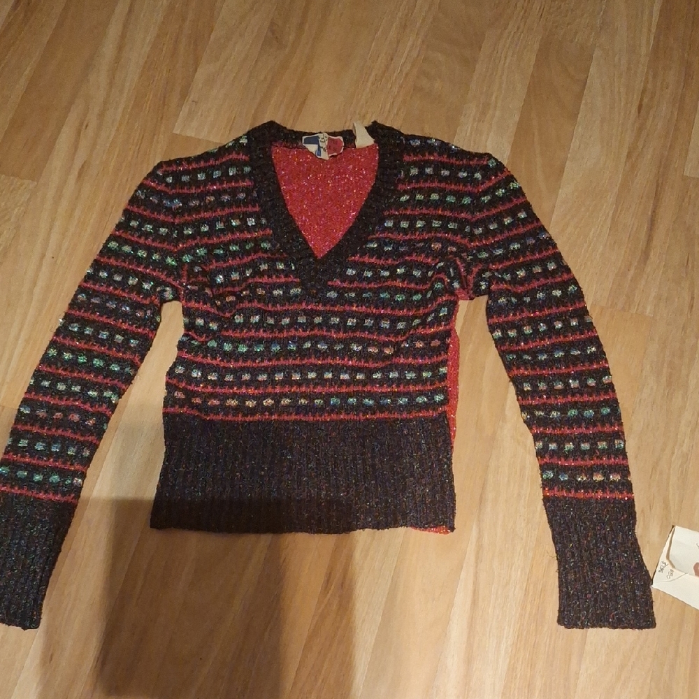 Colorful Striped Women's Sweater Xmas Small Gimbels Sparkly Red Black Silver